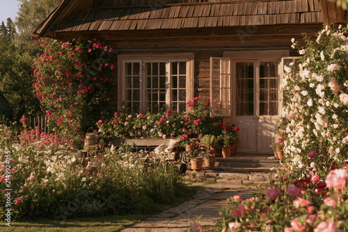 Charming wood cottage with pink blooms, green shrubs and warm light, a rustic country home scene for garden summer nature charm and slow life at home.