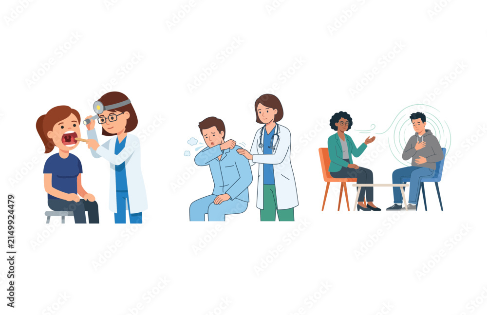 Obraz premium Professional Medical Consultation and Healthcare Diagnostic Illustrations Featuring Doctor and Patient Interactions