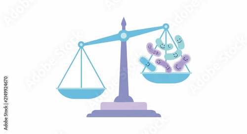 A balance scale weighing a group of friendly pastel bacteria icons against a neutral block, representing digestive harmony, soft sky blue and lavender palette, minimalist flat vector artwork,