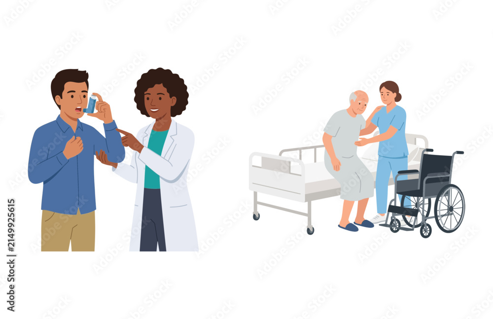 Obraz premium Medical illustrations showing doctor guiding asthma patient and nurse helping elderly man