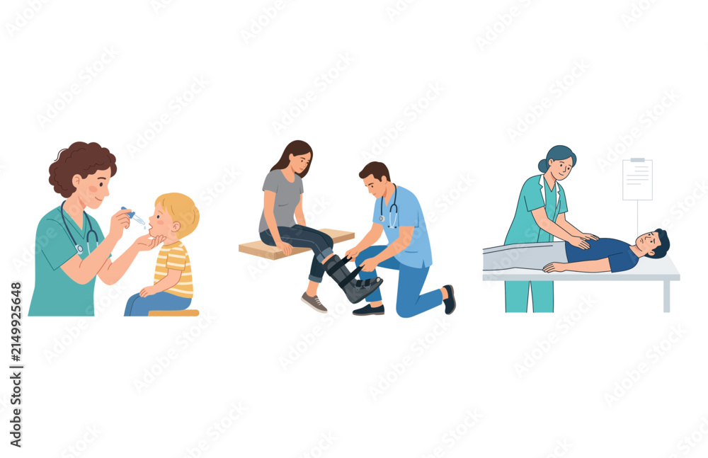Naklejka premium Diverse Medical Examination and Injury Treatment Scenarios for Professional Healthcare Concepts
