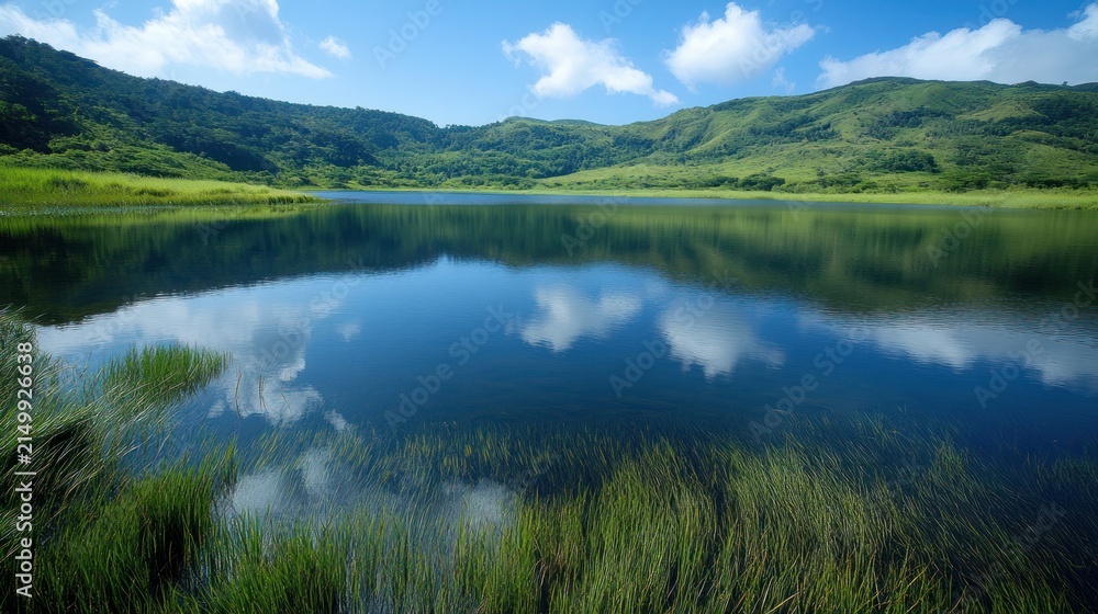 Naklejka premium Serene lake surrounded by lush green rolling hills