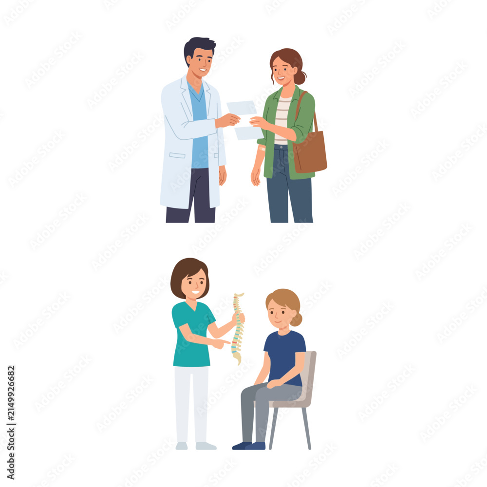 Fototapeta premium Doctor Consultation and Spinal Therapy Illustration Set with Medical Professionals