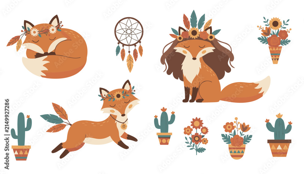 Fototapeta premium Collection of cute foxes in various poses decorated with flowers and feathers in a stylish bohemian or tribal style.