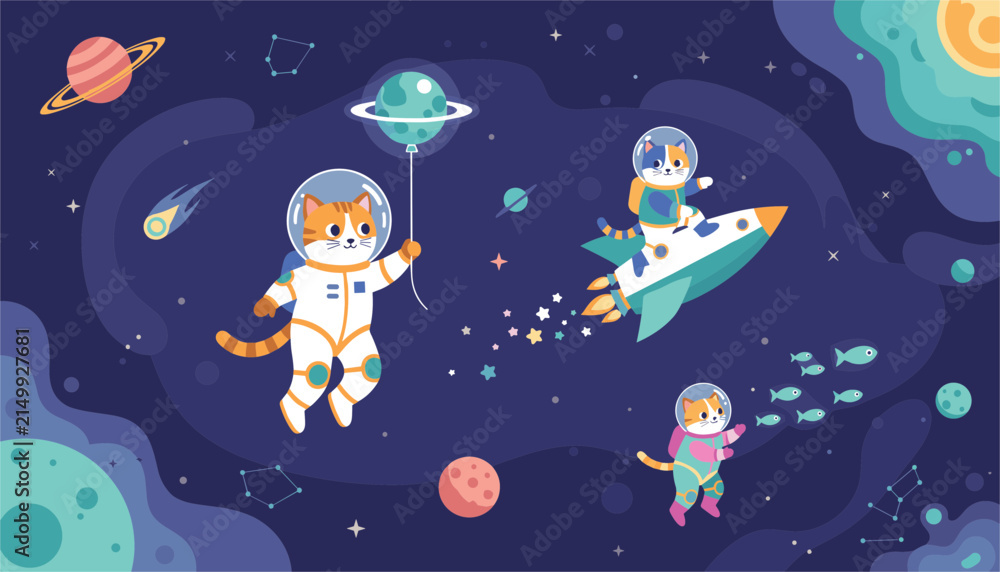 Naklejka premium Playful cartoon cats dressed as astronauts floating in outer space with rockets, planets, stars, and fish among the galaxies.