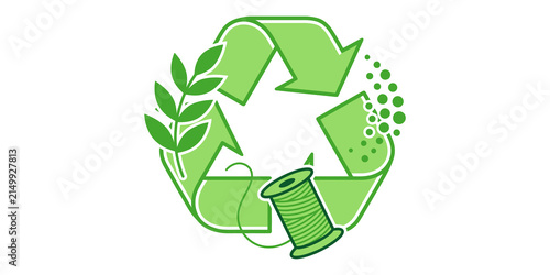 Recycle symbol with leaf and thread spool illustrating eco friendly and sustainable fashion on transparent background.