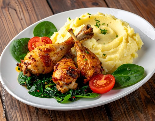 Roasted chicken drumsticks with mashed potatoes and greens, served on a white plate