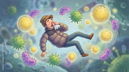 sick man wiping nose amid autumn pollen and viruses.
