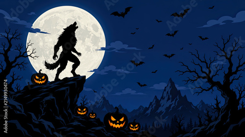 Silhouette of a werewolf howling at a full moon in a spooky Halloween landscape with jack-o-lanterns and bats against a dark night sky.