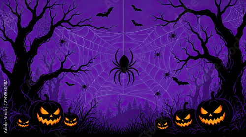 Halloween night background featuring carved pumpkins, spooky trees, spider webs, and flying bats in a vibrant purple forest setting.