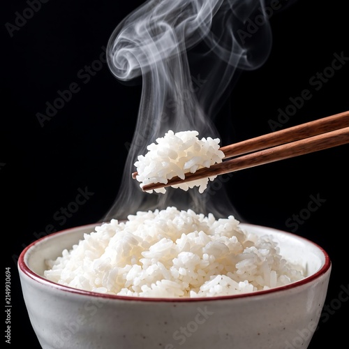 Steaming bowl of freshly cooked white rice with chopsticks, closeup a warm, fluffy portion of rice being lifted with wooden chopsticks against a black background