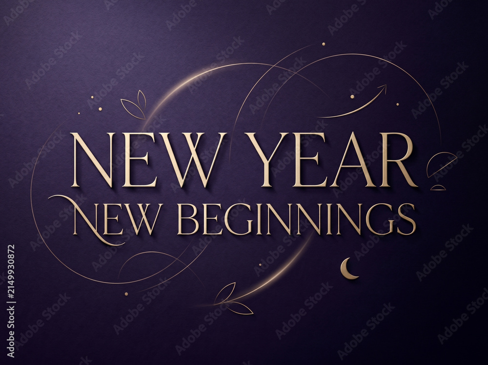 Obraz premium New Year New Beginnings elegant golden text against a deep purple textured background with subtle swirls