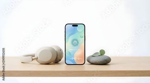 Smartphone with Meditation App, Wireless Headphones, and Zen Stone on Wooden Table