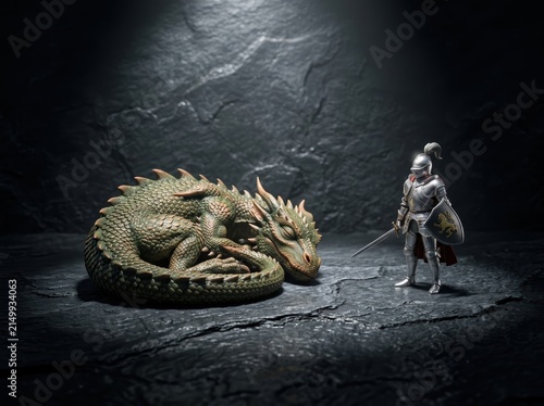 Brave knight facing a sleeping dragon in cave.