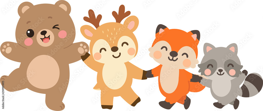 Fototapeta premium Forest Animal Friends Bear Deer Fox Raccoon Holding Hands