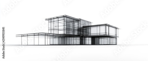 Wireframe rendering of a contemporary glass building
