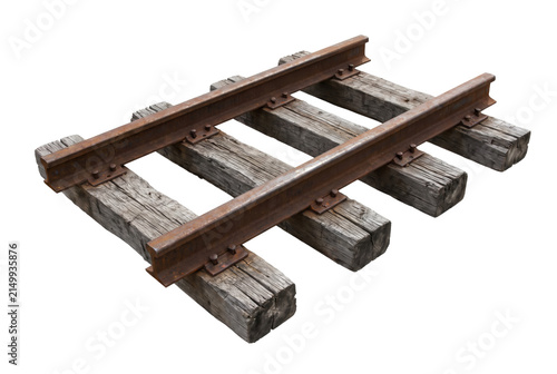 Quadro su tela Rusty Railway Tracks on Wooden Sleepers Isolated on White Background