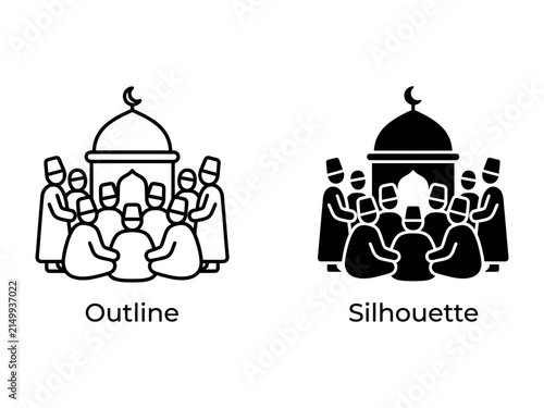 Принти на полотні Islamic Prayer Icon: A visual representation of Muslims engaging in congregational prayer outside a mosque, depicted in both outline and silhouette styles