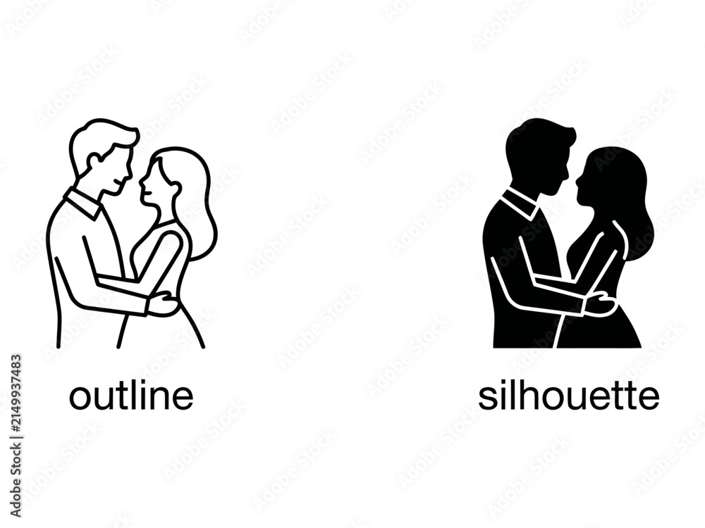 Fototapeta premium Couple Embracing: A romantic illustration depicts a couple in a tender embrace, presented in both outline and silhouette styles, symbolizing love and connection.