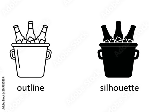 Beer Bucket Icon: A graphic representation showing a bucket filled with beer bottles and ice cubes, presented in both outline and silhouette formats.