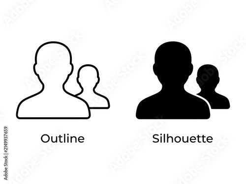 User Icon Duo: A graphic representation showing two user icons, one in outline and the other as a solid silhouette, symbolizing identity, profile, and community.