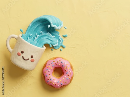 Smiling mug with splashing water and pink donut.