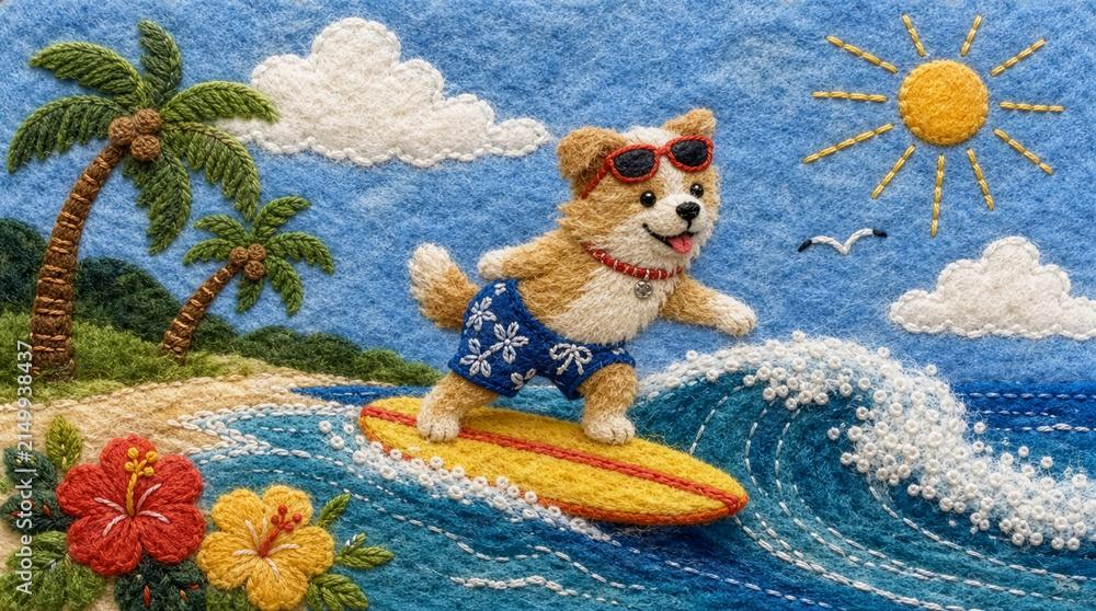 Fototapeta premium 季節の風景。フェルトと刺繍で表現したサーフィンを楽しむ犬。太陽の光がふりそそぐ、ハイビスカスの花が鮮やかな夏休み。