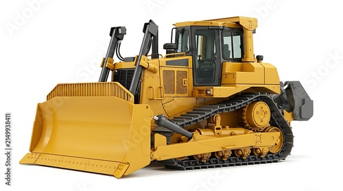 Industrial yellow bulldozer heavy construction machinery isolated against plain white background for earthmoving site development projects with presented clean studio setting