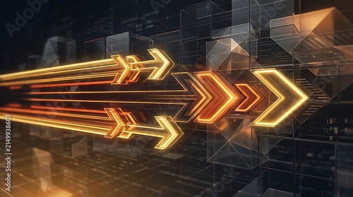 Glowing golden arrows advancing through digital geometric structures representing rapid technological progress with background translucent geometric