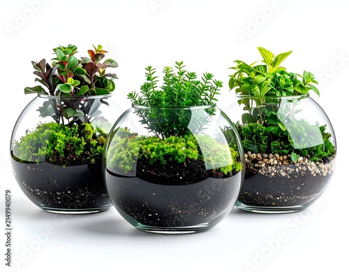 Three miniature indoor ecosystems flourish inside glass globes, showcasing layered habitats