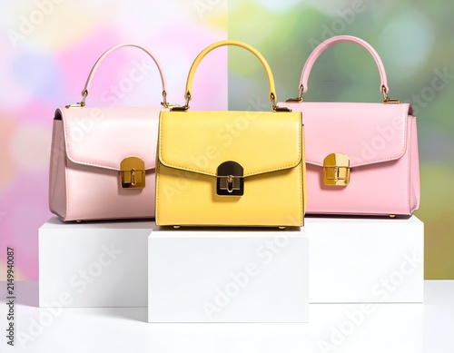 Three colorful handbags with gold hardware on white blocks against a blurred background