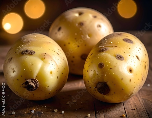 Three golden potatoes on a wooden surface, soft lighting with bokeh in the background