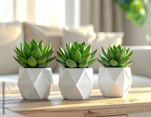 Three succulents in geometric white pots sit on a wood table, bright daylight