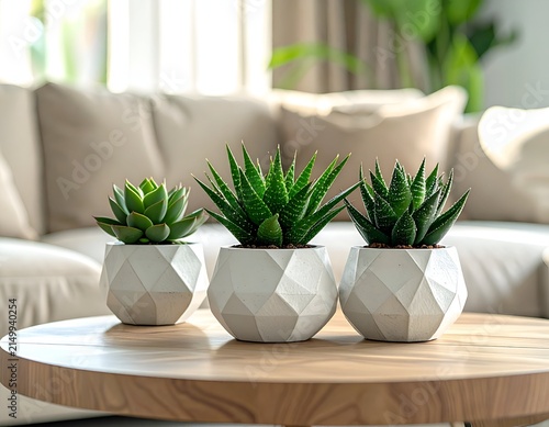 Three succulents in geometric white pots on a wooden table, with a blurred sofa in background