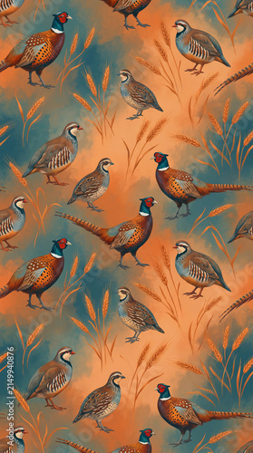 Seamless pattern featuring vintage wildlife illustrations of majestic pheasants and quails roaming among tall grasses in warm earthy tones