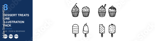 Dessert Treats Line Icons in a Minimalist Vector Illustration Pack for Food and Beverage Concepts Featuring Desserts, Sweets