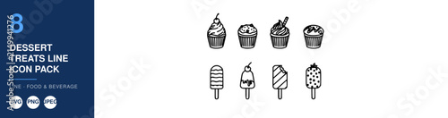 Dessert Treats Line Icons Pack Featuring Cupcakes, Ice Cream, and Popsicles in a Minimalist Vector Style