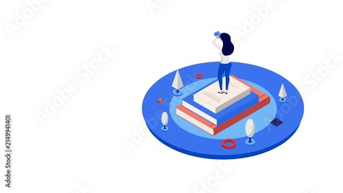 Isometric 3D vector illustration of a woman standing on stacked books looking through binoculars. Concept of education, business vision, strategy, learning, research, and future goals.