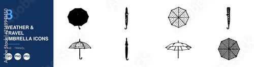 Umbrella Icon Set for Weather and Travel Concepts, Thin Line Style, Monochrome Glyphs with Rain and Sun Protection Symbols