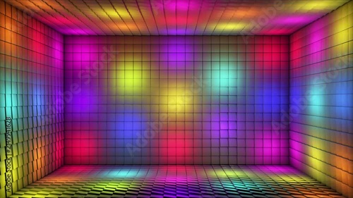 Broadcast Pulsating Switching Hi-Tech Blinking Illuminated Cubes Room Stage, Multi Color, Events, 3D, Loopable, 4K