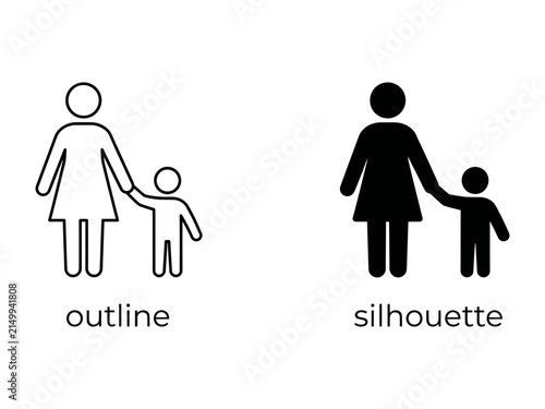 Mother and Child Icons: Simple line art and silhouette icons represent a mother holding her child's hand, symbolizing family connection and care.
