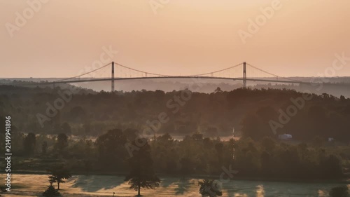 Aerial view of the Thousand Islands Bridge at sunrise