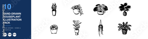 Houseplant Illustration Pack Nameplate with Multiple Hand-Drawn Potted Plants, Stems, and Botanical Icons on White Background