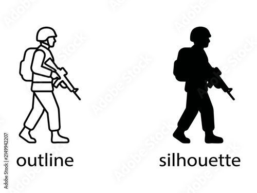 Fotografía Soldier Outline and Silhouette: A clear depiction of a soldier, shown in both an outline and silhouette, carrying a rifle and backpack, symbolizing military service and readiness