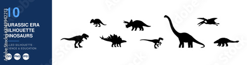 Dinosaur Silhouettes for Jurassic Era Nameplate Design, Showing Multiple Prehistoric Dinosaur Shapes in Black on White