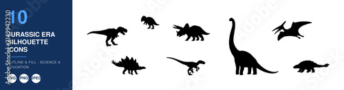 Dinosaur Silhouette Icon Set of Jurassic Era Reptiles, Black Graphic Symbols for Education, Science, and Prehistoric Theme