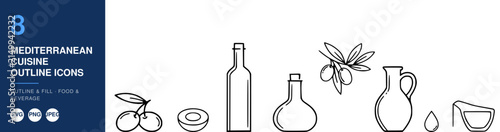Mediterranean Cuisine Outline Icons, Minimal Food and Cooking Symbols with Olive Branches, Bowls, and Bottles on White
