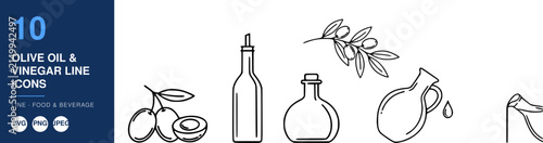 Olive Oil & Vinegar Line Icon Set with Bottle, Olives, Oil Drops, Leaf and Condiment Labels on White Background