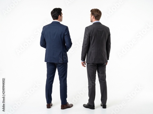 Two people in suits standing and looking at something seen from back angle, isolated on white background	