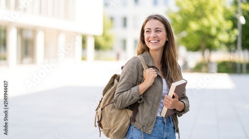 Joyful female student with a backpack and textbook walks confidently on a sunny university campus, embracing her academic journey and future success